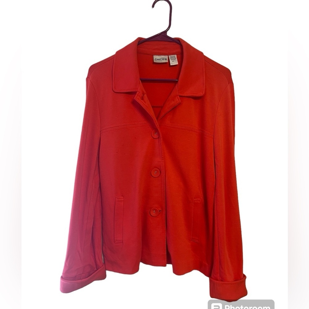 Chico’s Women’s Red Pink Knit Button-Down Blazer Jacket Size 1